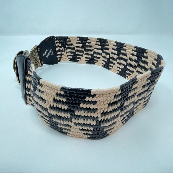 Vintage Wearable Art Boho Brass, Black & Cream Woven & Leather Statement Belt - Picture 5 of 7